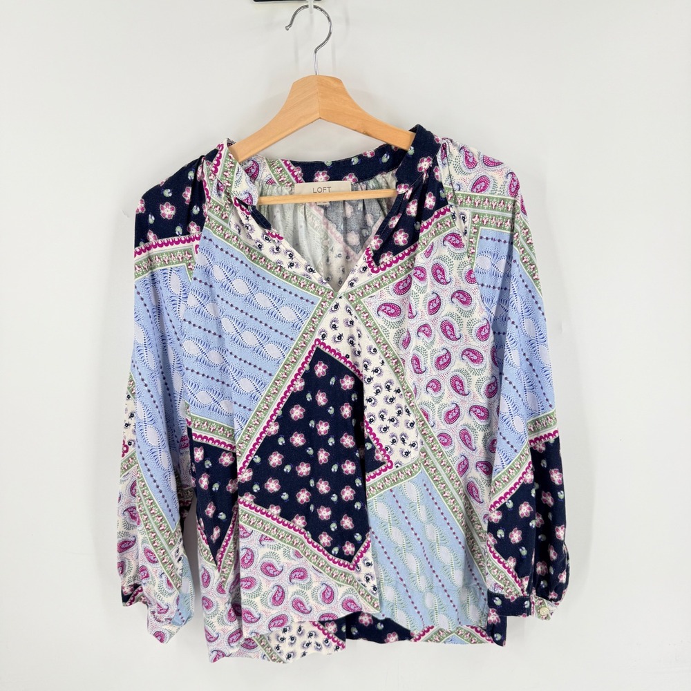 LOFT Multicolor Medium‎ Boho Paisley Patchwork Linen Blend Peasant Top